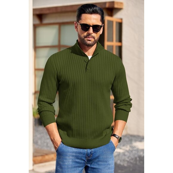 Men's Quarter Button Sweater Long Sleeve Stand Collar Sweater Knitted Army Green - Picture 2 of 5